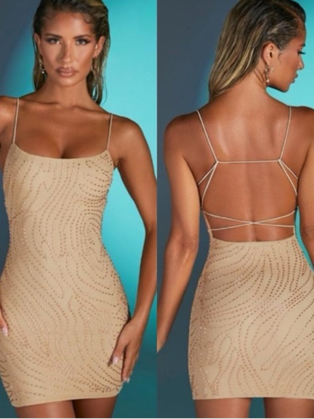Oh Polly Nude Embellished Strappy Mini Dress